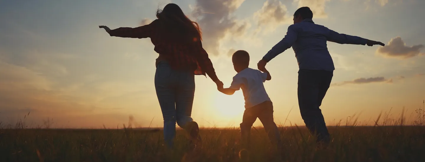 Family of three holding hands and walking through a field at sunset, representing long-term financial planning, life insurance, and special needs trust support for dependents.