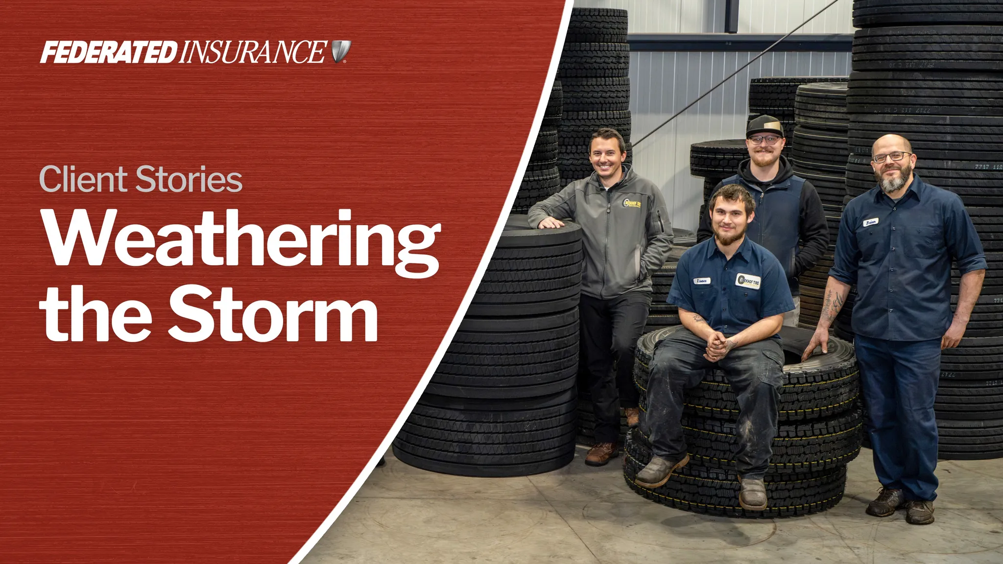 Federated Client Meekhof Tire employees gather in front of stacks of tires